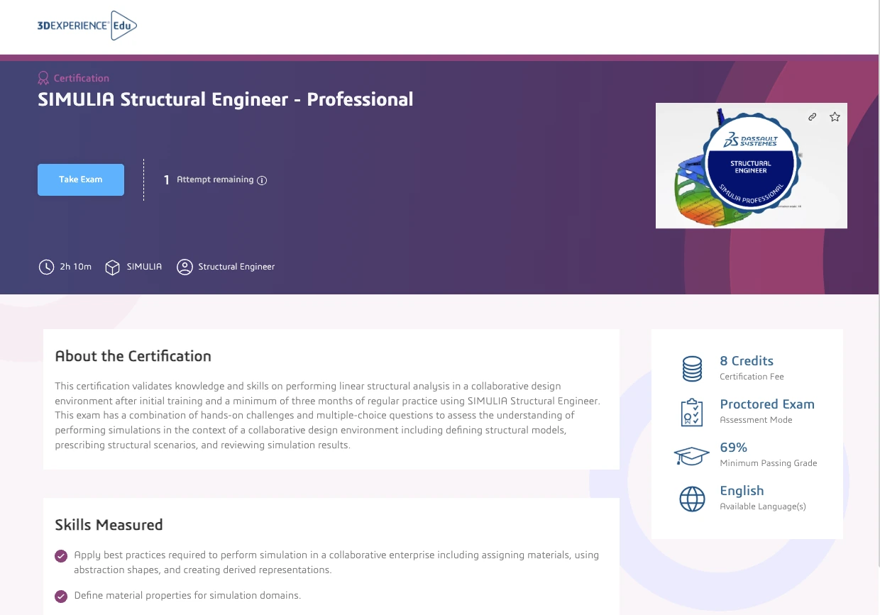 A Professional exam page in the Dassault Systèmes learning portal