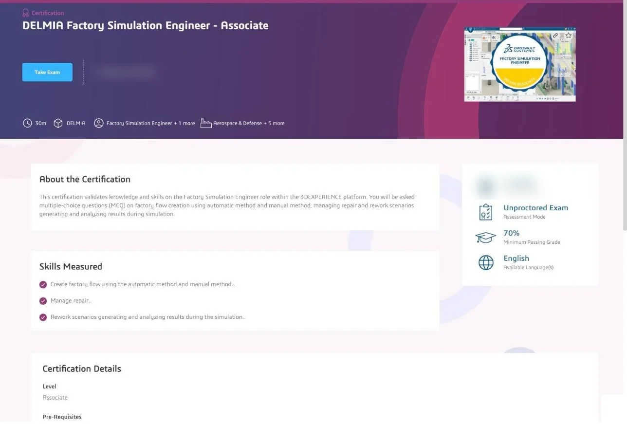 An EduSpace certification page, listing what the certification validates, the skills measured, the assessment mode, the passing grade and the language