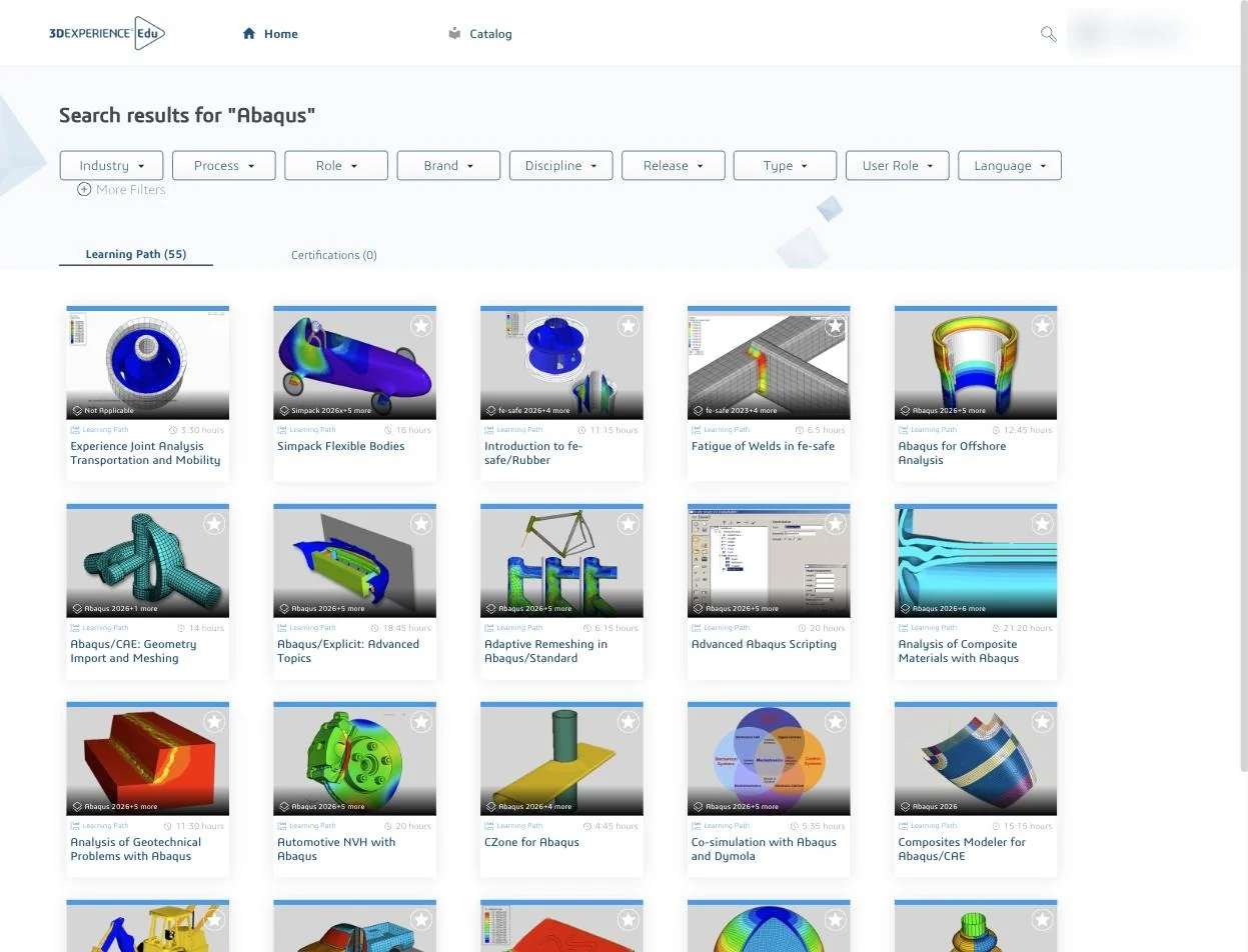 EduSpace search results for Abaqus, showing learning paths with their length beside filters for industry, role, brand, discipline, release and language