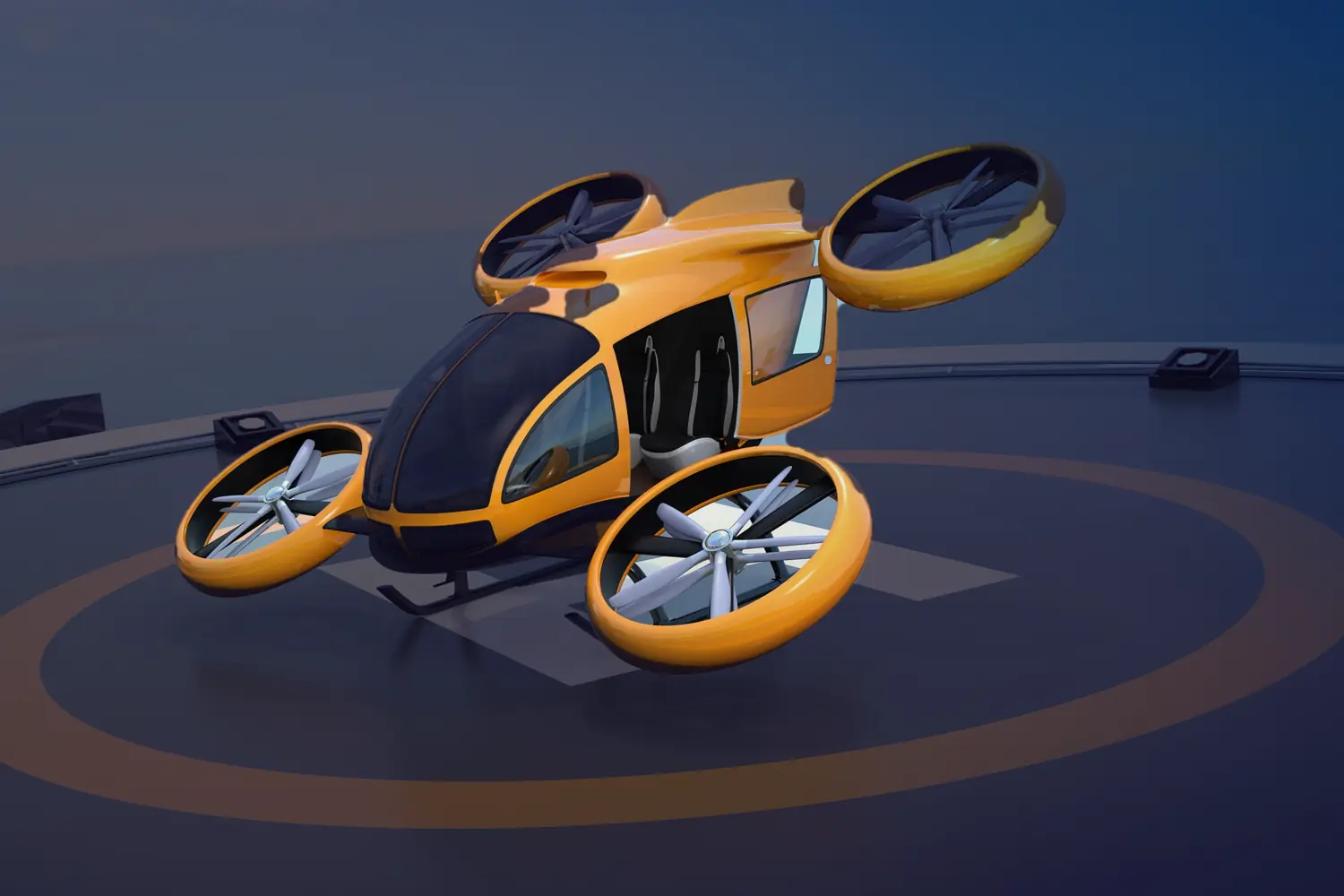 An electric air taxi on a rooftop landing pad